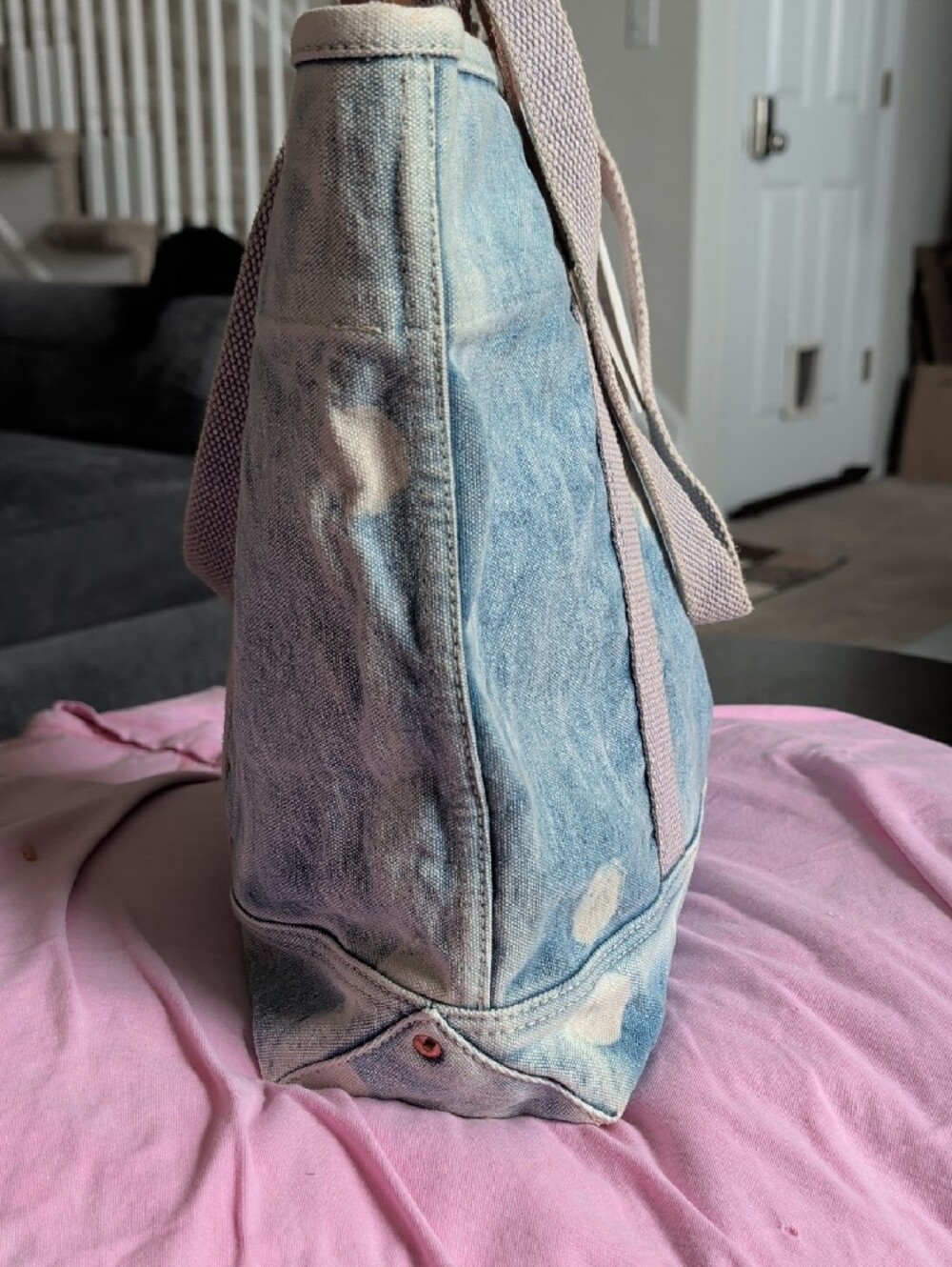 Immodest Cotton Washed Blue Denim Tote with Pink Accents and Leather Handles - Picture 4 of 7